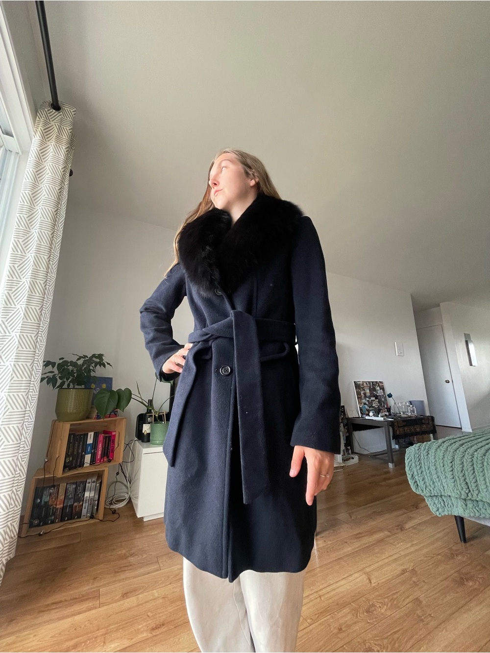 Michael Kors Navy Trench Coat with Black Fox Fur removable Collar